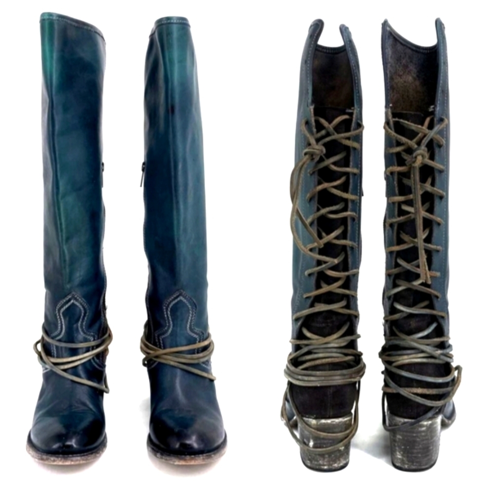 Freebird by Steven Blue Lace-Up Knee-High Boots with Side Zip - Picture 13 of 14